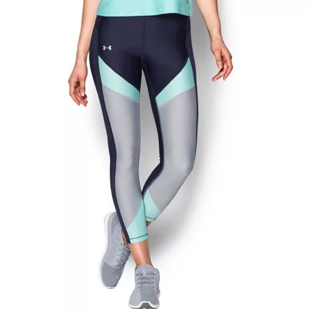 Under Armour HeatGear Color Blocked Ankle Crop Leggings Medium Navy Blue Gray